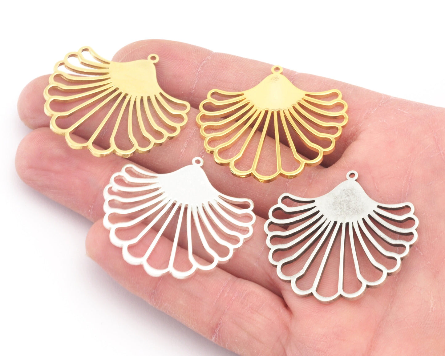 Ginkgo Leaf Hand Fan Charms Pendant Raw Brass - Shiny Silver - Antique Silver - Shiny Gold Plated 38x35mm 1.5mm Thickness Charms OZ4639-500