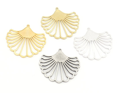 Ginkgo Leaf Hand Fan Charms Pendant Raw Brass - Shiny Silver - Antique Silver - Shiny Gold Plated 38x35mm 1.5mm Thickness Charms OZ4639-500