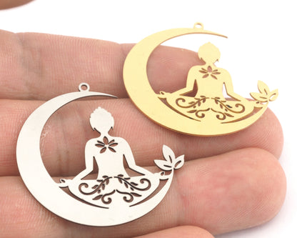 Lotus Yoga Woman Charms Pendant Raw Brass, Stainless Steel 26x31m 0.5 mm 1 hole Findings 4614