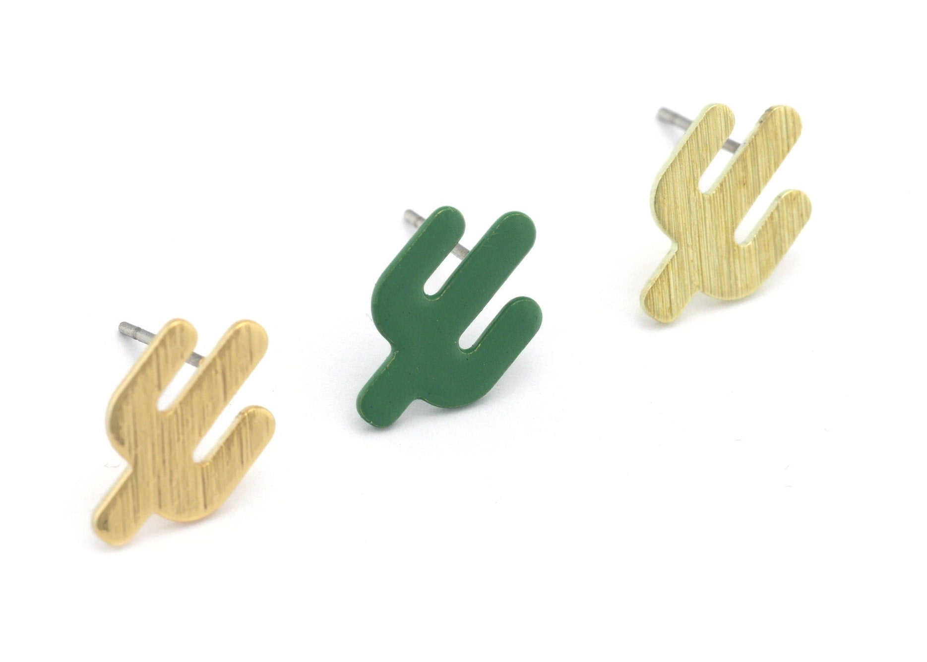 Cactus Earring Stud Post Wire Base Brass Brushed - Green Painted - Brushed Gold Plated Earring Blanks OZ4616