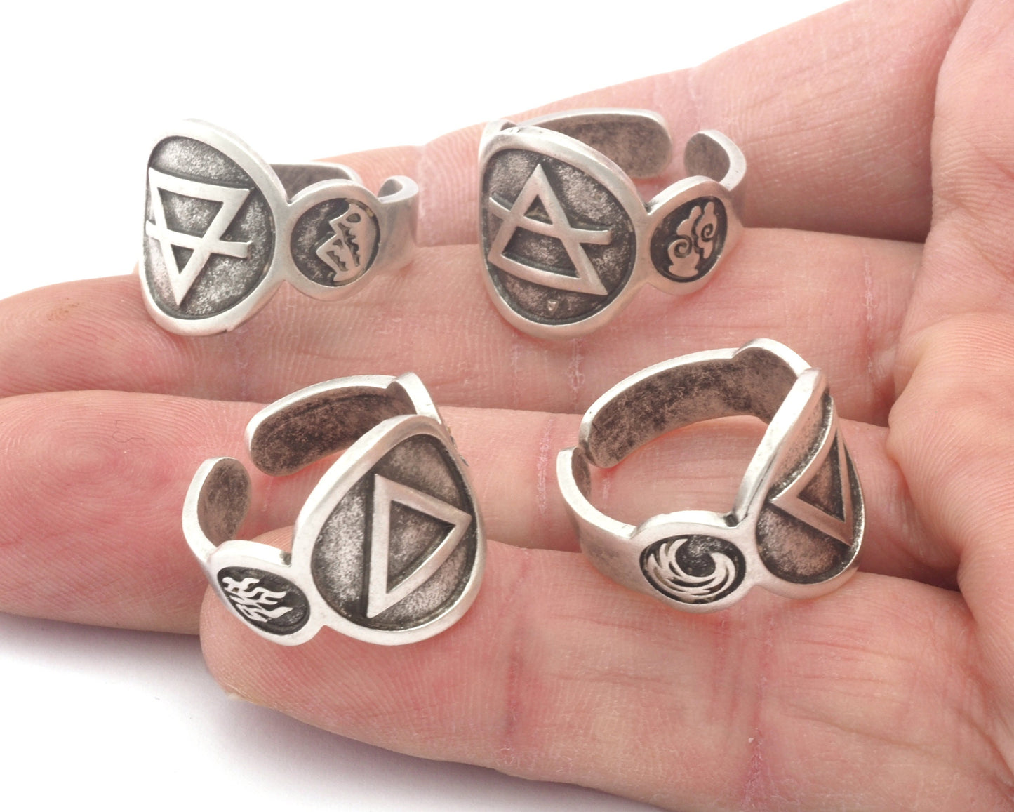 Four Elements Symbols Embossment Ring Adjustable Antique Silver Plated Brass (6 - 10 US inner size) 4667 -68-69-70