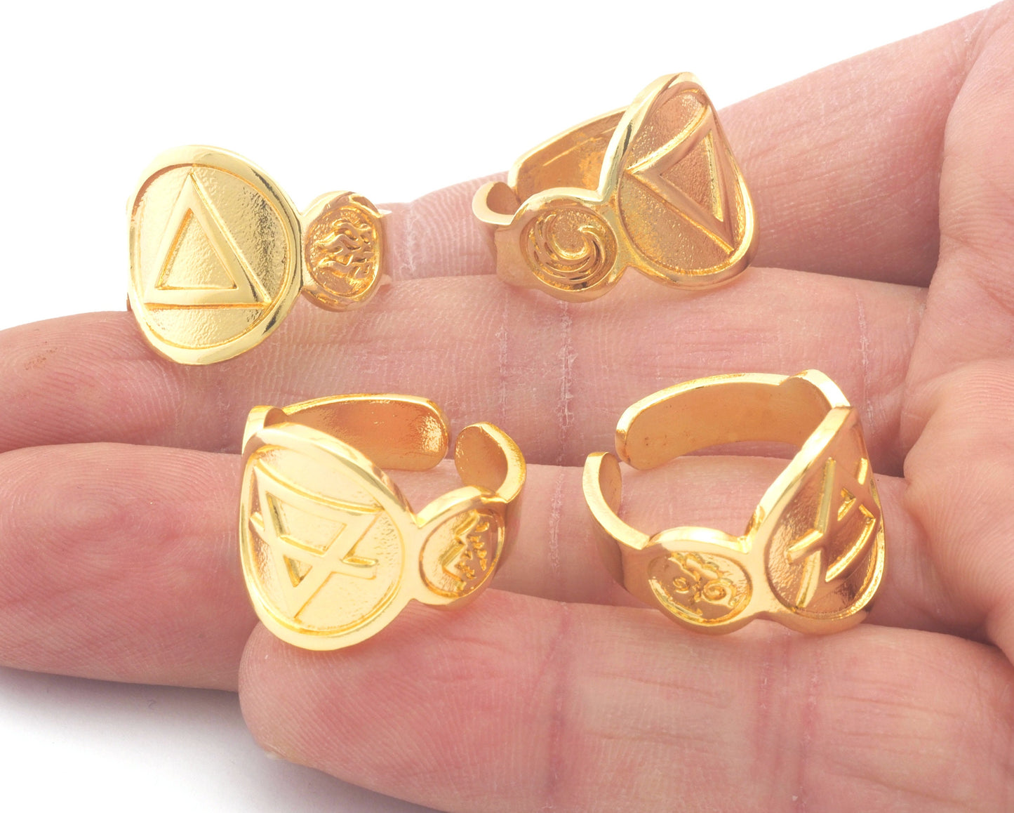 Four Elements Symbols Embossment Ring Adjustable Shiny Gold Plated Brass (6 - 10 US inner size) 4667 -68-69-70