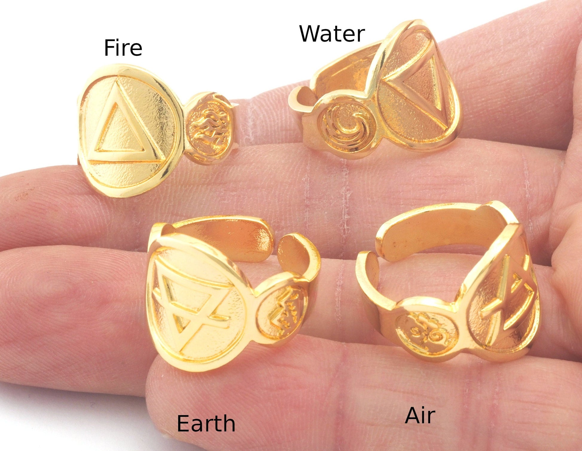 Four Elements Symbols Embossment Ring Adjustable Shiny Gold Plated Brass (6 - 10 US inner size) 4667 -68-69-70