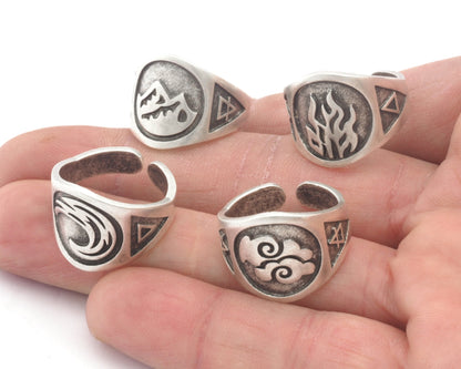 Four Elements Symbols Embossment Ring Adjustable Antique silver Plated Brass (6 - 10 US inner size) 4671-72-73-74