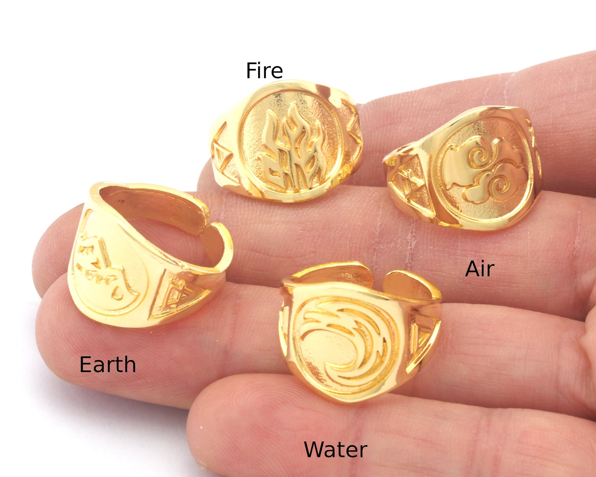 Four Elements Symbols Embossment Ring Adjustable Shiny Gold Plated Brass (6 - 10 US inner size) 4671-72-73-74