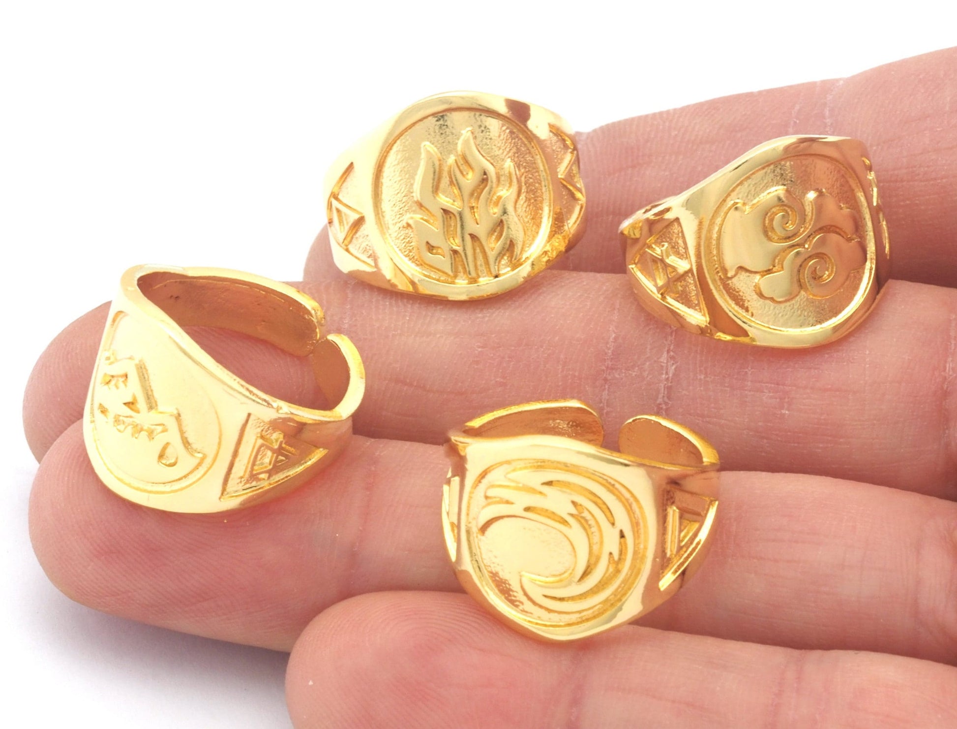 Four Elements Symbols Embossment Ring Adjustable Shiny Gold Plated Brass (6 - 10 US inner size) 4671-72-73-74