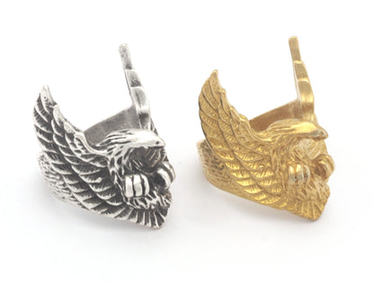 Eagle Wings Ring Statement Animal Adjustable Raw Brass - Antique silver plated 4620