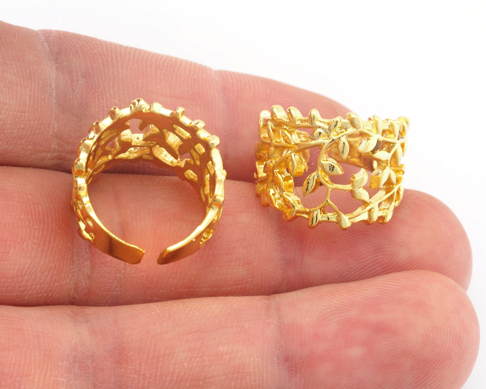 Branch Leaf Leaves Adjustable Ring Shiny Gold Plated Brass (16.5mm 6US inner size) OZ948