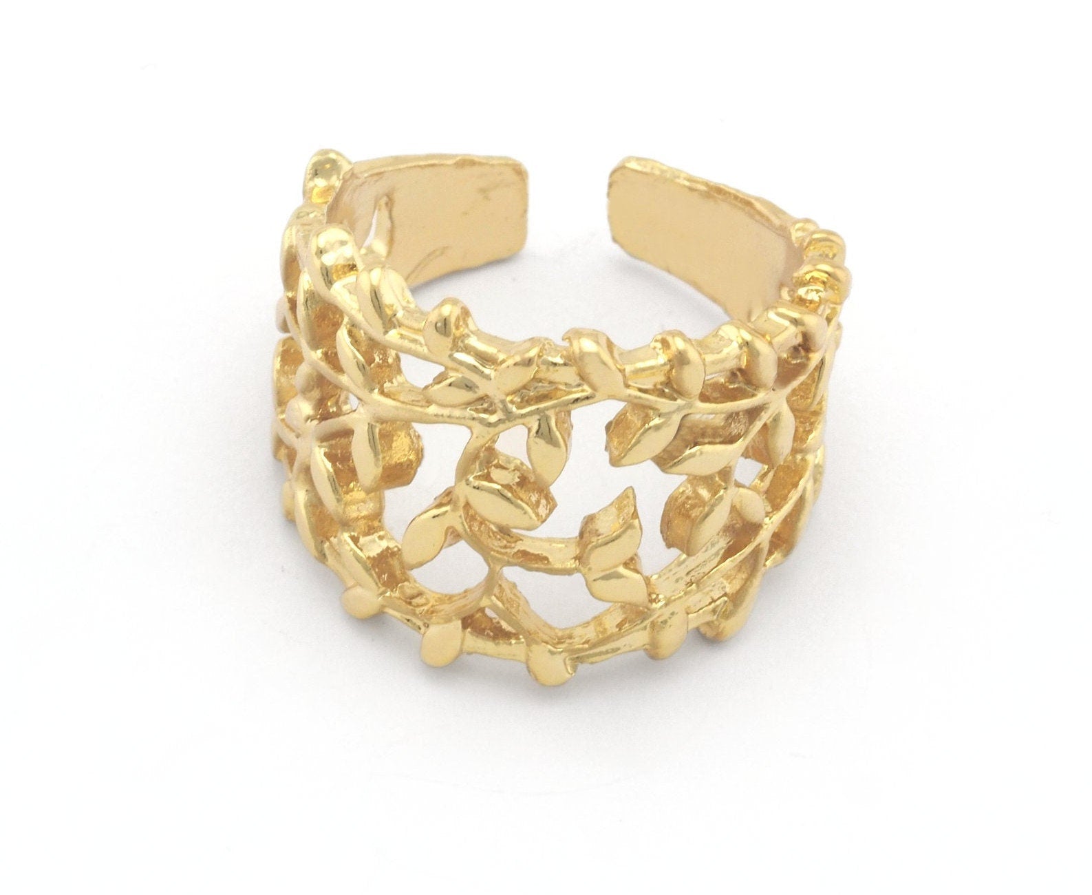 Branch Leaf Leaves Adjustable Ring Shiny Gold Plated Brass (16.5mm 6US inner size) OZ948