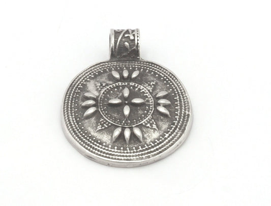 Ethnic round medallion pendant Antique silver plated brass 36x27mm OZ4323