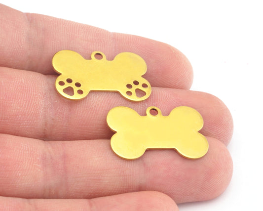 Dog Tag Bone Shape Paw Raw Brass 28x18 mm 4658