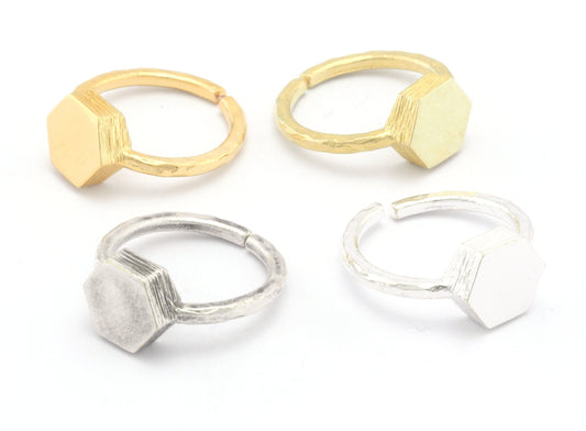 Hexagonal Brushed Edge Ring Base Adjustable(5US) Ring Blank Raw Brass - Shiny - Antique silver - Shiny Gold plated (10mm blank) OZ4723