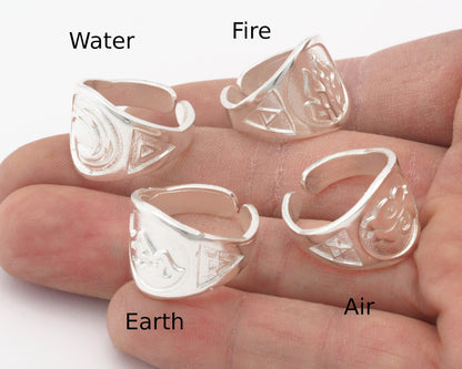 Four Elements Symbols Embossment Ring Adjustable Shiny silver Plated Brass (6 - 10 US inner size) 4671-72-73-74