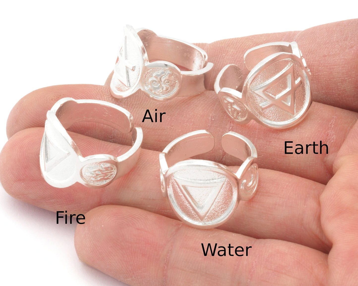 Four Elements Symbols Embossment Ring Adjustable Shiny Silver Plated Brass (6 - 10 US inner size) 4667 -68-69-70