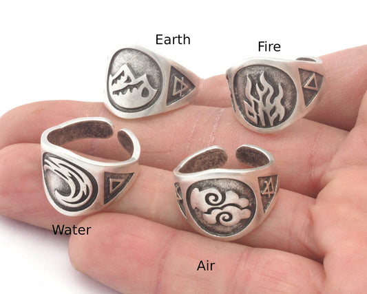 Four Elements Symbols Embossment Ring Adjustable Antique silver Plated Brass (6 - 10 US inner size) 4671-72-73-74