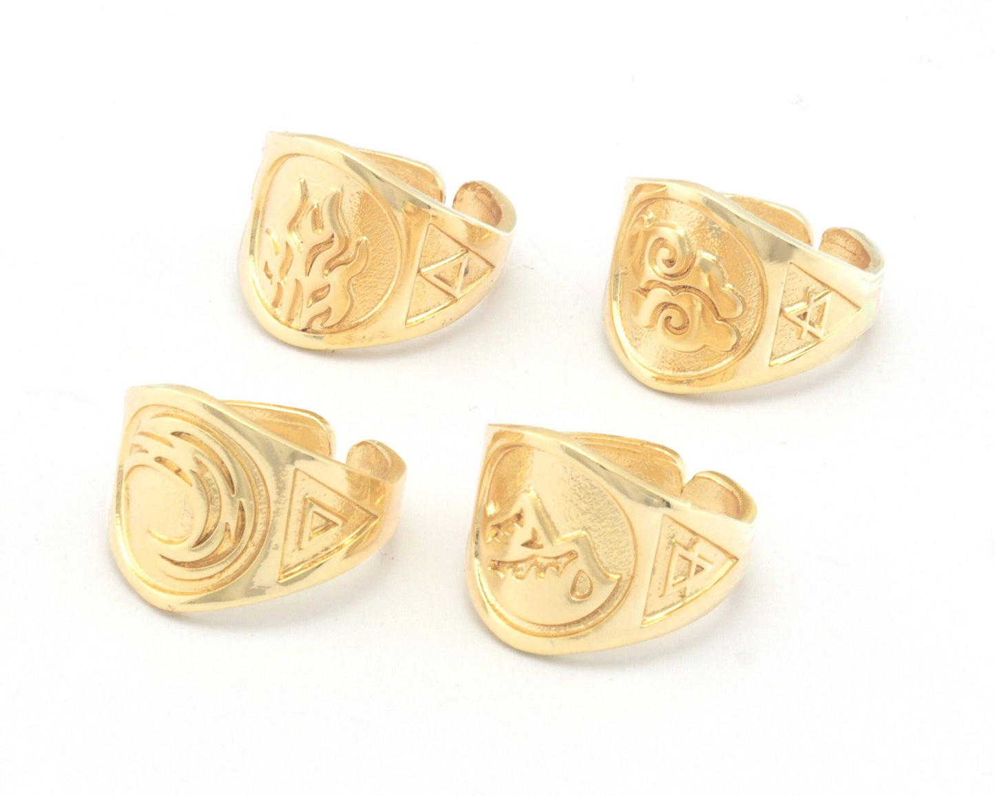 Four Elements Symbols Embossment Ring Adjustable Shiny Gold Plated Brass (6 - 10 US inner size) 4671-72-73-74