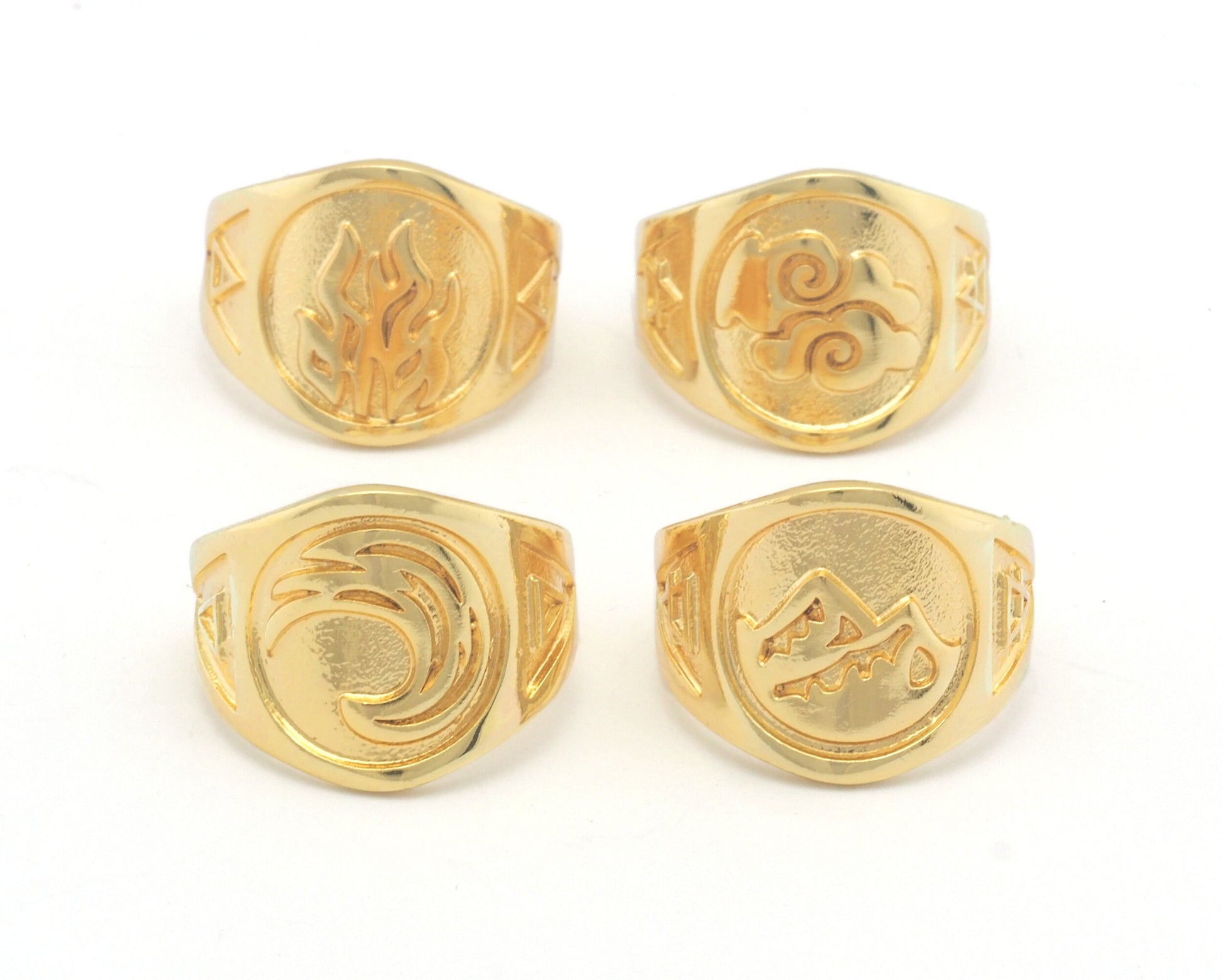 Four Elements Symbols Embossment Ring Adjustable Shiny Gold Plated Brass (6 - 10 US inner size) 4671-72-73-74