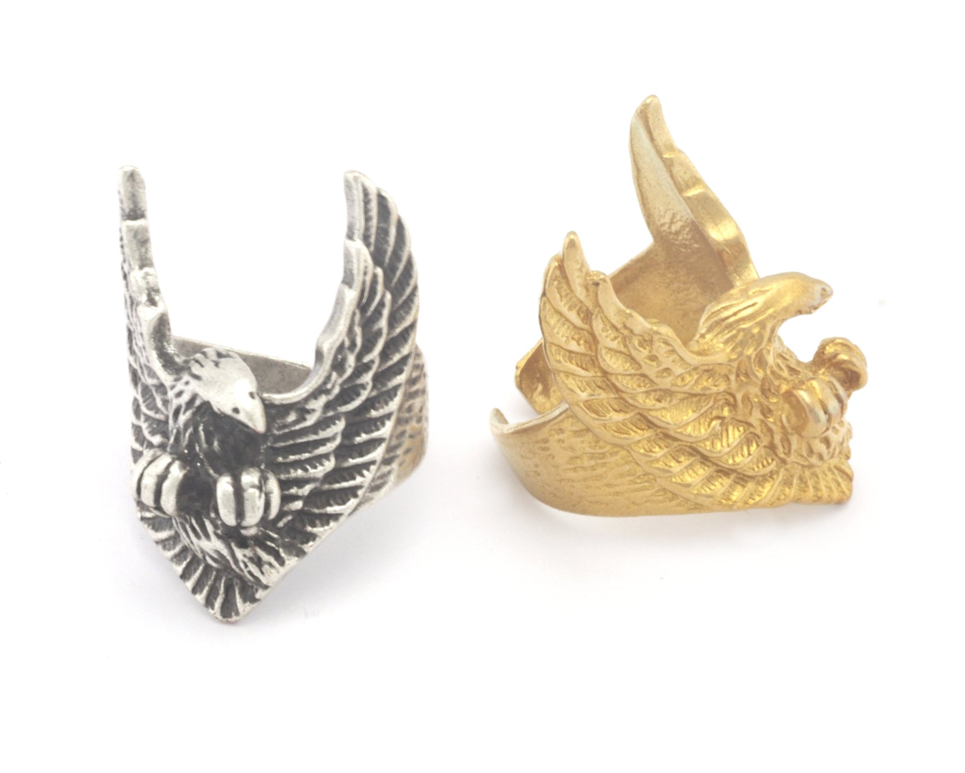 Eagle Wings Ring Statement Animal Adjustable Raw Brass - Antique silver plated 4620