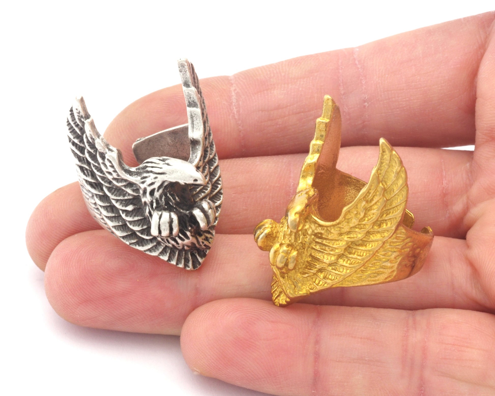 Eagle Wings Ring Statement Animal Adjustable Raw Brass - Antique silver plated 4620