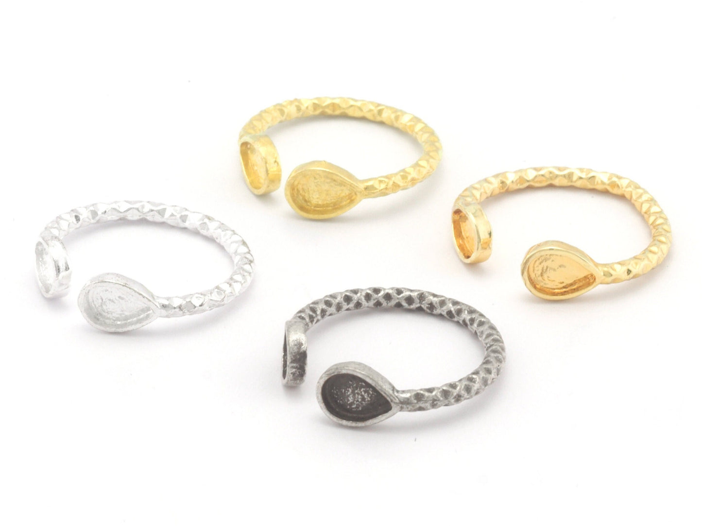 Pear Tear Drop Hammered Ring Base Adjustable Ring Bezel Raw Brass - Shiny Silver - Antique Silver - Shiny Gold Plated (6x4mm blank) OZ4332