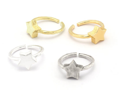 Star Brushed Edge Ring Base Adjustable (5US) Ring Blank Raw Brass - Shiny - Antique silver - Shiny Gold plated (11x10mm blank) OZ4721