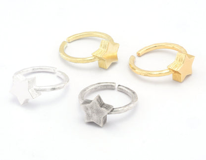 Star Brushed Edge Ring Base Adjustable (5US) Ring Blank Raw Brass - Shiny - Antique silver - Shiny Gold plated (11x10mm blank) OZ4721
