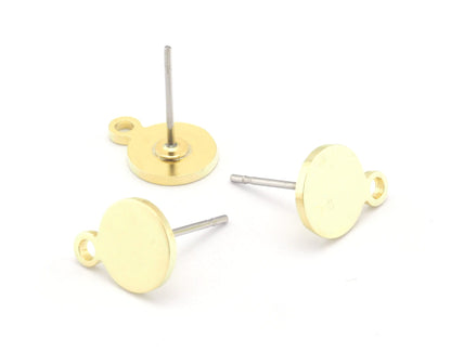 Circle disc earring post stud wire base with loop Raw brass 10.5x8mm OZ4382