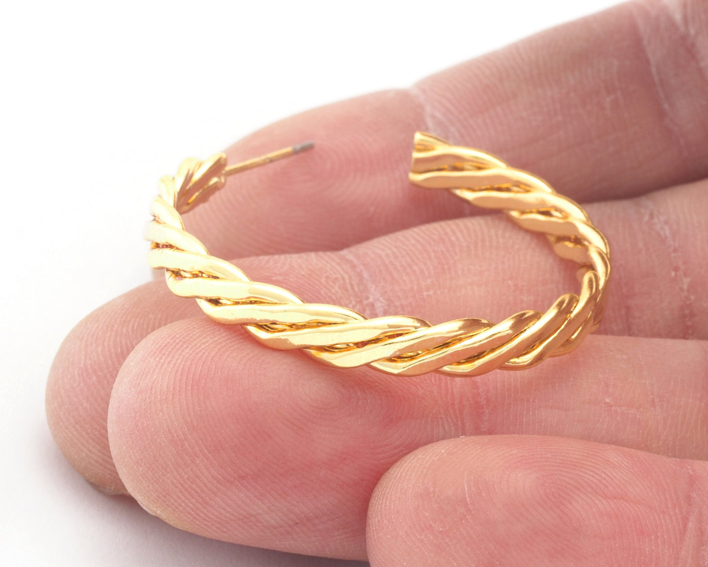Hoop flat twisted swirl Earrings stud base Shiny Gold tone lacquer plated brass round earring posts, 35mm OZ4224