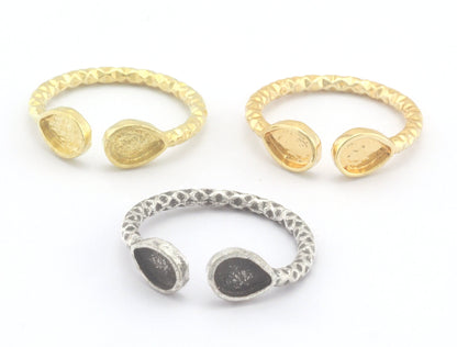Pear Tear Drop Hammered Ring Base Adjustable Ring Bezel Raw Brass - Shiny Silver - Antique Silver - Shiny Gold Plated (6x4mm blank) OZ4332