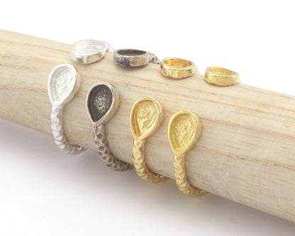 Pear Tear Drop Hammered Ring Base Adjustable Ring Bezel Raw Brass - Shiny Silver - Antique Silver - Shiny Gold Plated (6x4mm blank) OZ4332