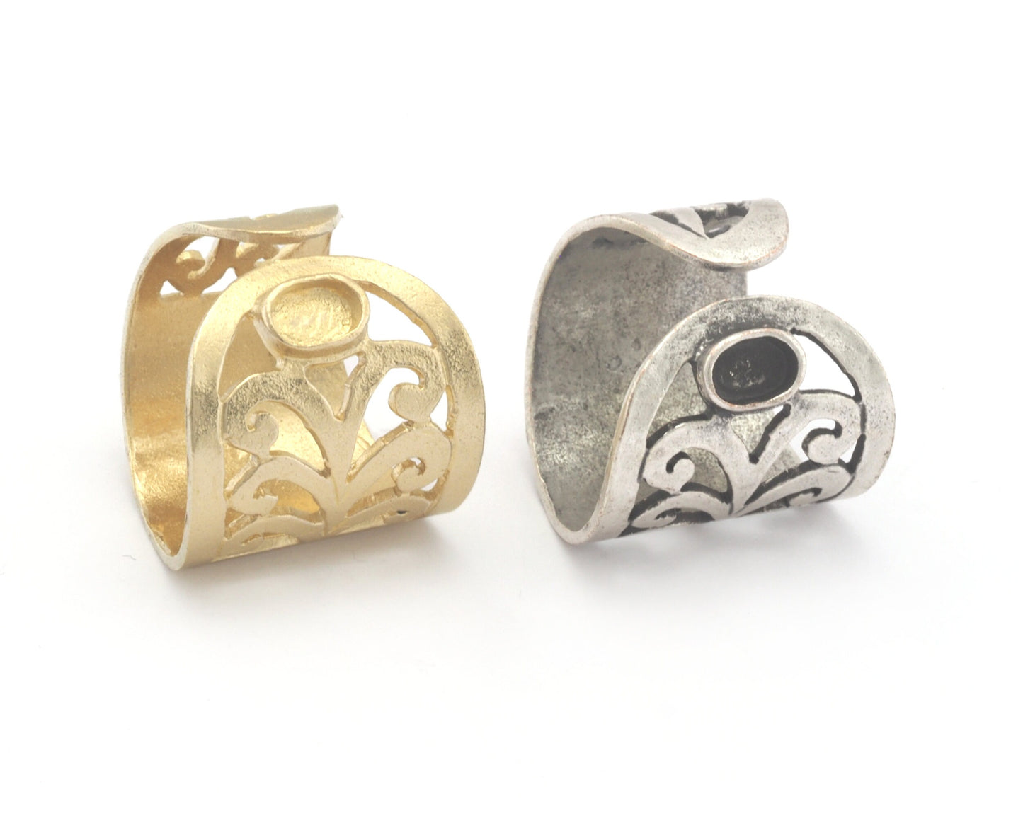 Plant Leaf Ring Adjustable Ring Bezel Blank - Raw brass - Antique Silver Plated (19mm 9US inner size - Adjustable ) OZ2709