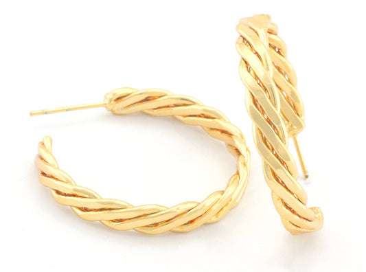 Hoop flat twisted swirl Earrings stud base Shiny gold tone lacquer plated brass round earring posts, 30mm OZ4213