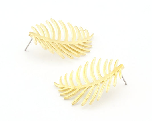 Palm Leaf Earring Stud Post Raw Brass 32x20mm Earring Blanks (Left - Right Pair Set) 4729