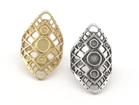 Rhombus Round Ring Base Blank Cup Bezel Raw Brass, Antique Silver Plated Brass (6.5-9US inner size - Adjustable ) 2700