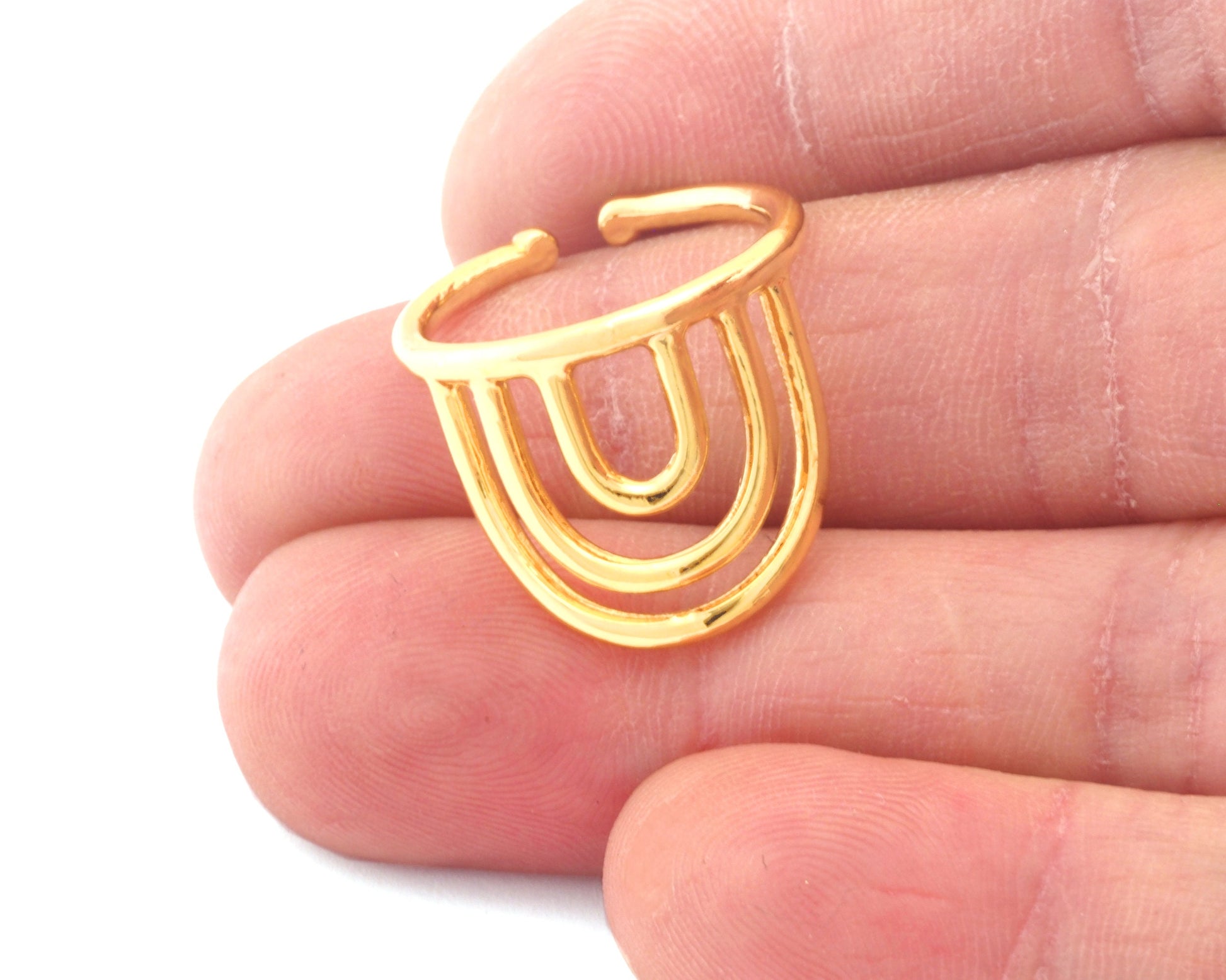 Curved Rainbow Statement Ring Adjustable Shiny gold plated brass (7-9US inner size - Adjustable ) OZ4302 17mm