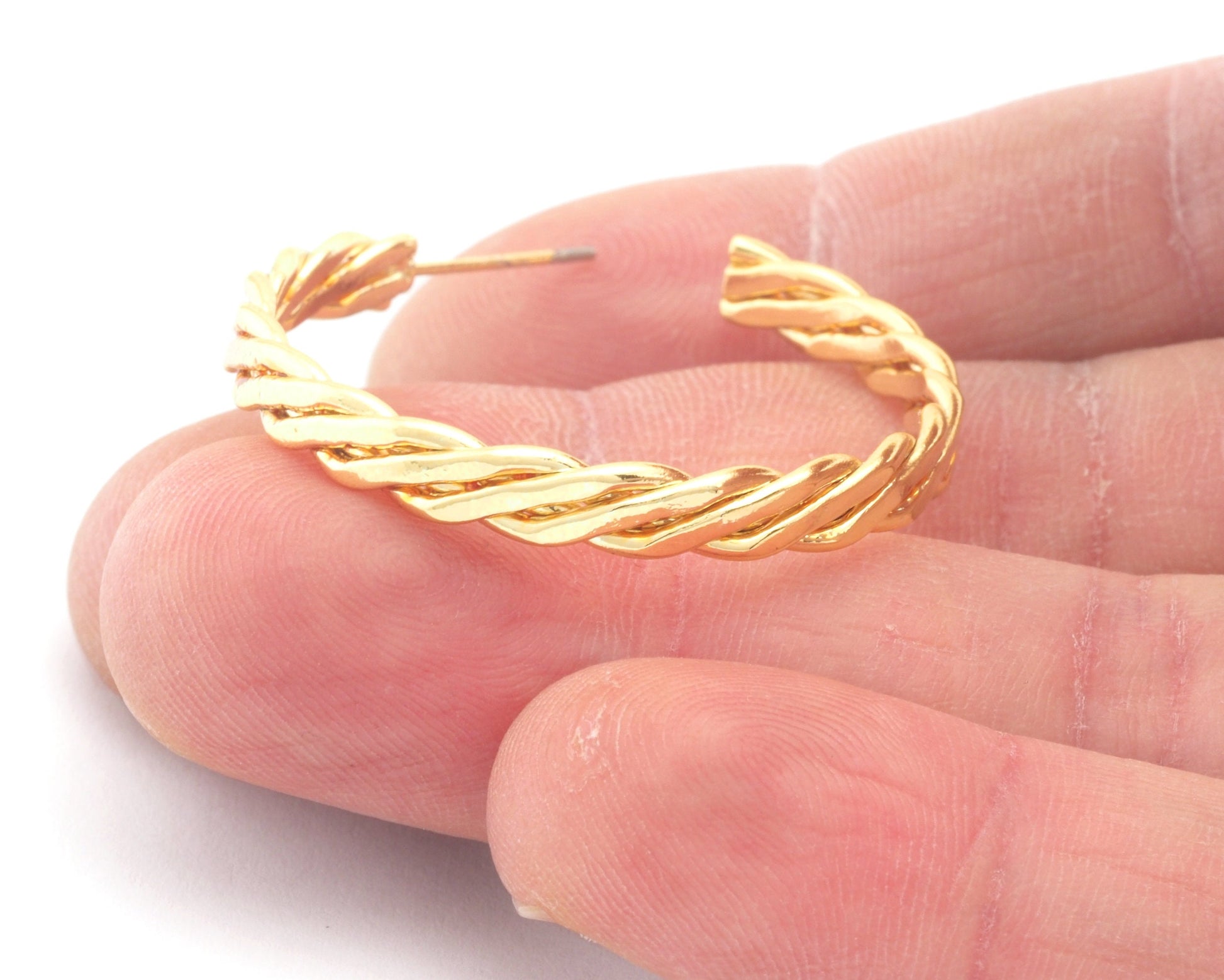Hoop flat twisted swirl Earrings stud base Shiny Gold tone lacquer plated brass round earring posts, 35mm OZ4224