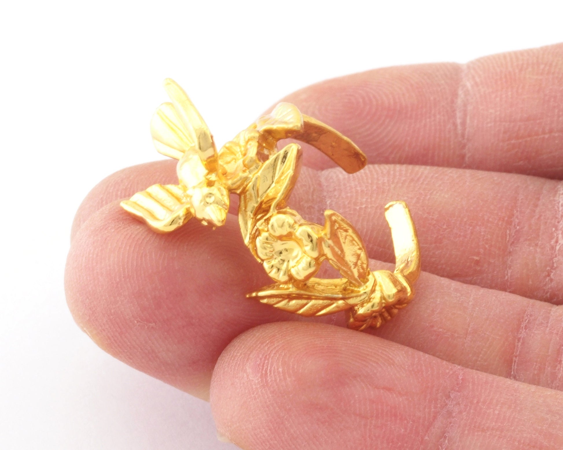 Bird Flower Adjustable Ring Shiny Gold Plated brass (17.5mm 7US inner size) OZ2636 ring25