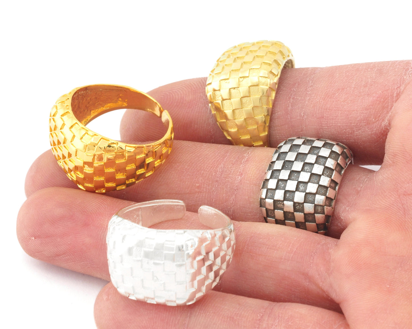Checker Chess Squares Signet Adjustable Ring Raw Brass - Antique silver - Shiny silver - Shiny gold Plated (10US - 12US inner size) 4742