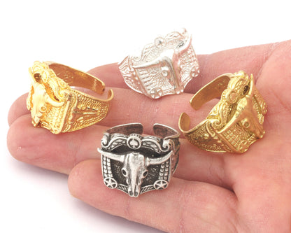 Bull Skull Western Signet Adjustable Ring Raw Brass - Antique silver - Shiny silver - Shiny gold Plated (10US - 12US inner size) 4717