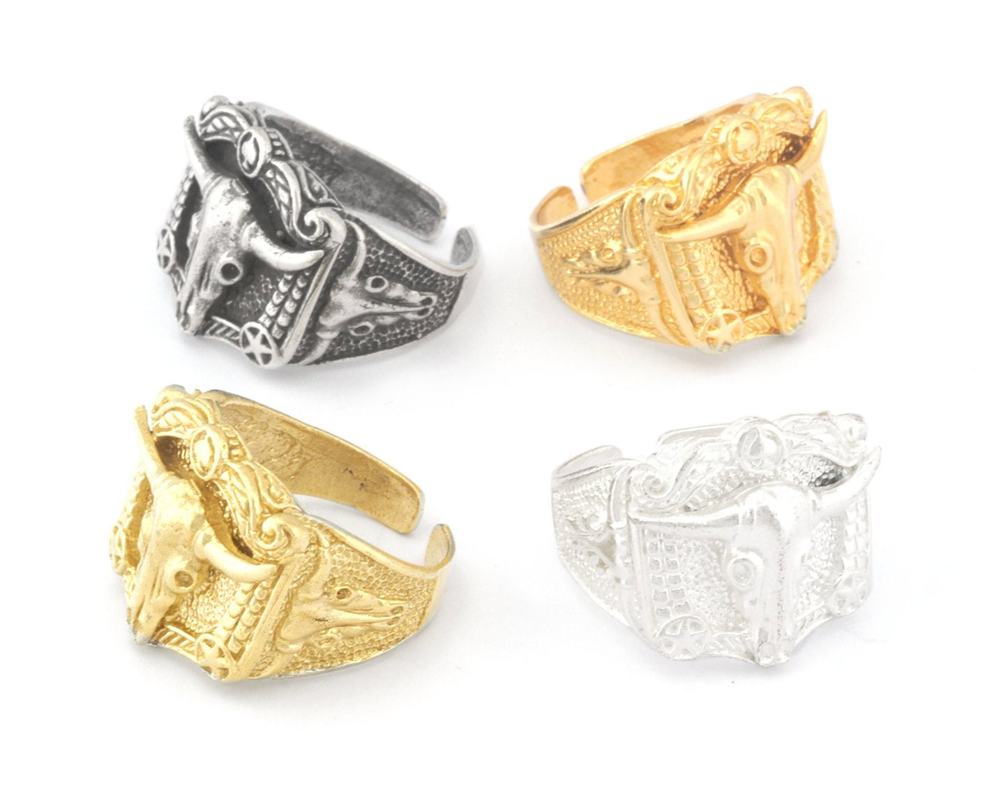 Bull Skull Western Signet Adjustable Ring Raw Brass - Antique silver - Shiny silver - Shiny gold Plated (10US - 12US inner size) 4717