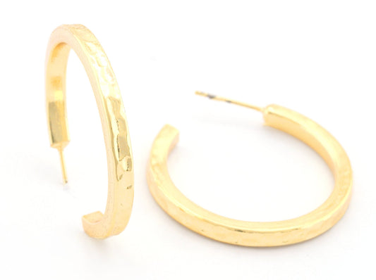 Hoop hammered round earrings stud base Shiny gold tone lacquer plated brass round earring Posts, 30mm OZ4265