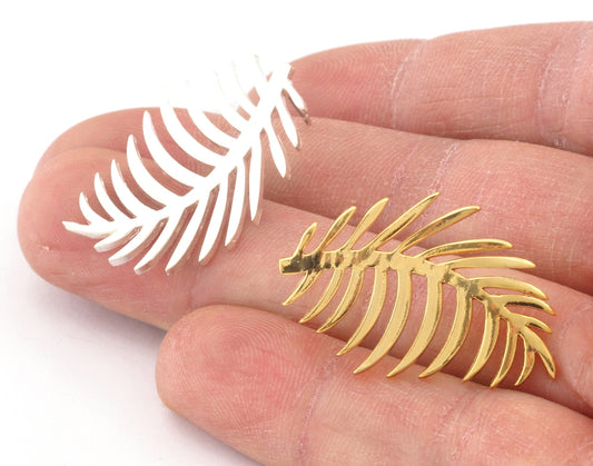 Palm Leaf Earring Stud Post Brass 32x20mm Earring Base Shiny Gold Plated - Shiny Silver Plated (Left - Right Pair Set) 4729