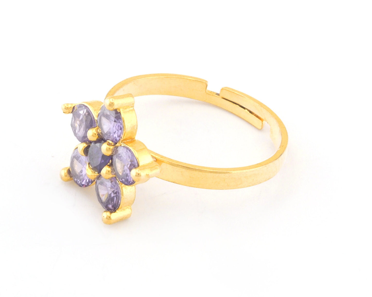 Flowers Gold Plated Brass Adjustable Ring Cubic Zircon Amethyst Color (7US 9US inner size) OZ4758