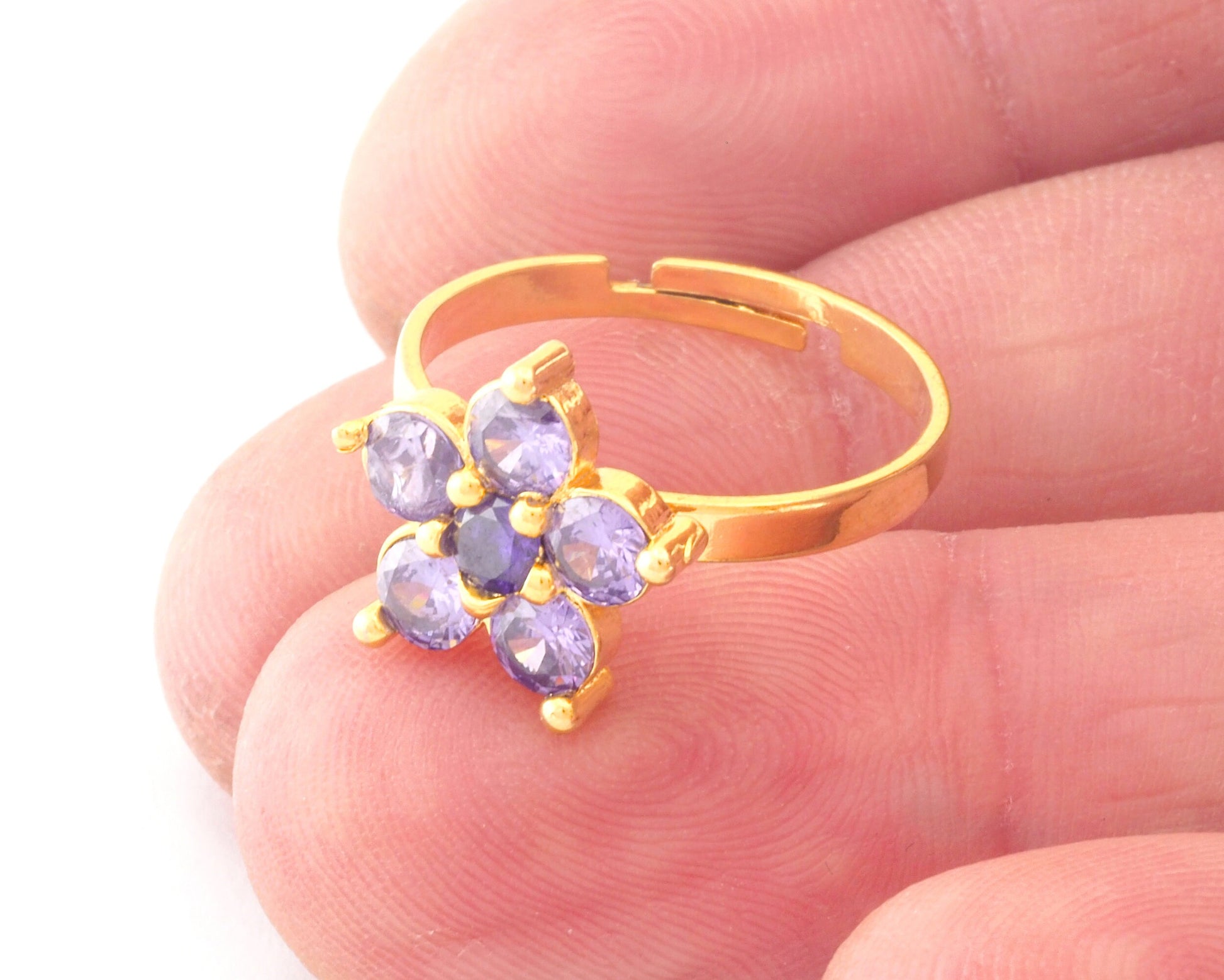 Flowers Gold Plated Brass Adjustable Ring Cubic Zircon Amethyst Color (7US 9US inner size) OZ4758