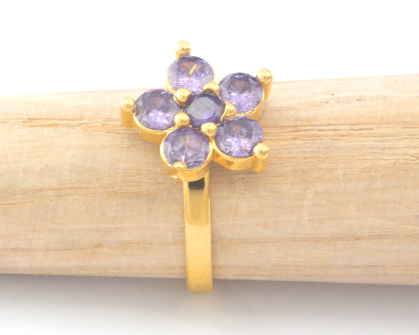 Flowers Gold Plated Brass Adjustable Ring Cubic Zircon Amethyst Color (7US 9US inner size) OZ4758