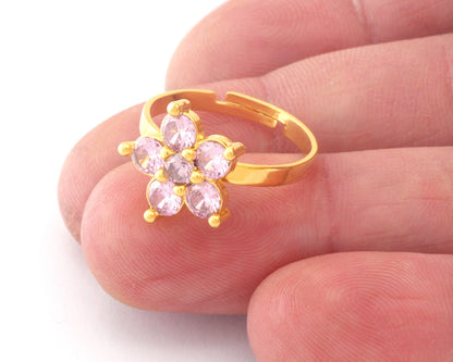 Flowers Gold Plated Brass Adjustable Ring Cubic Zircon Light Rose Color (7US 9US inner size) OZ4758