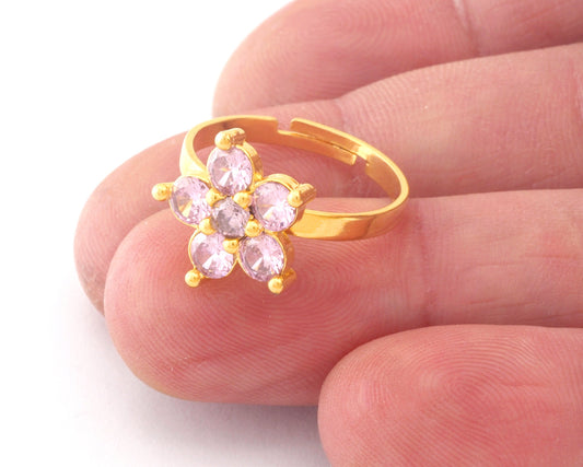 Flowers Gold Plated Brass Adjustable Ring Cubic Zircon Light Rose Color (7US 9US inner size) OZ4758