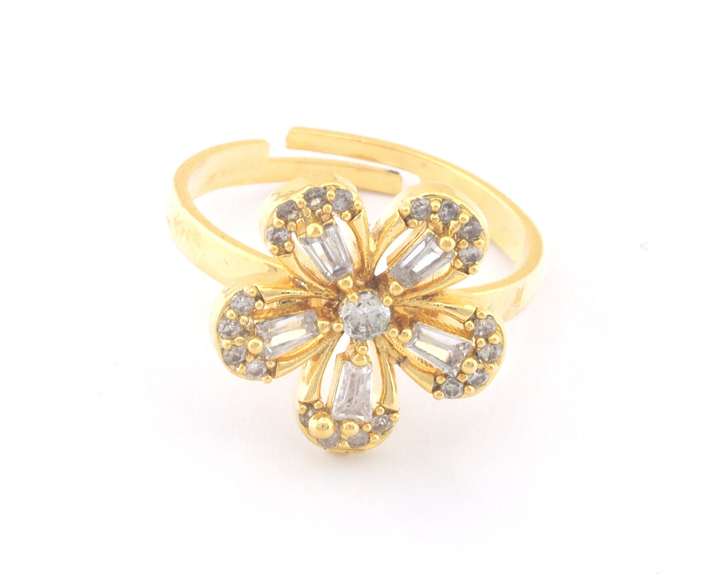 Flowers Gold Plated Brass Adjustable Ring Cubic Zircon Crystals Color (7US 9US inner size) OZ4758