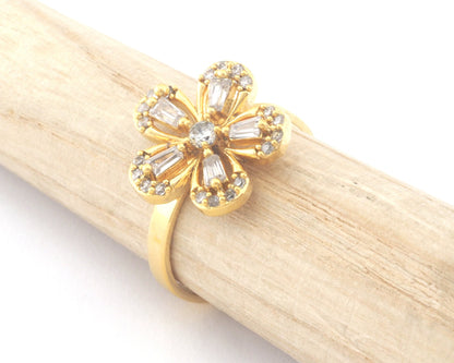 Flowers Gold Plated Brass Adjustable Ring Cubic Zircon Crystals Color (7US 9US inner size) OZ4758