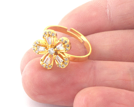 Flowers Gold Plated Brass Adjustable Ring Cubic Zircon Crystals Color (7US 9US inner size) OZ4758